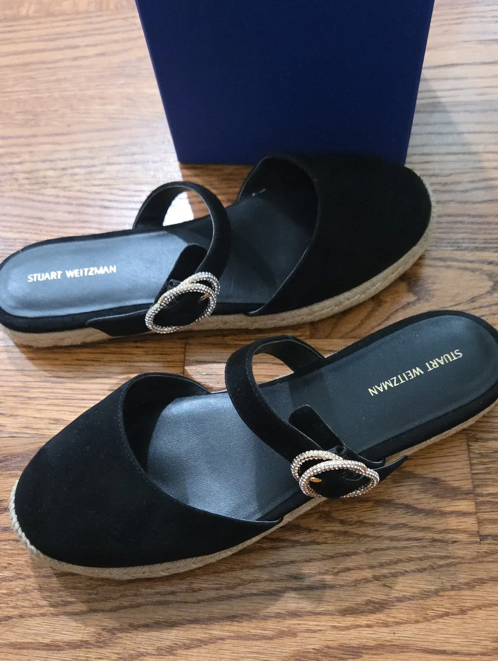 Stuart Weitzman Black Suede Crystal Buckle Espadrille Mule